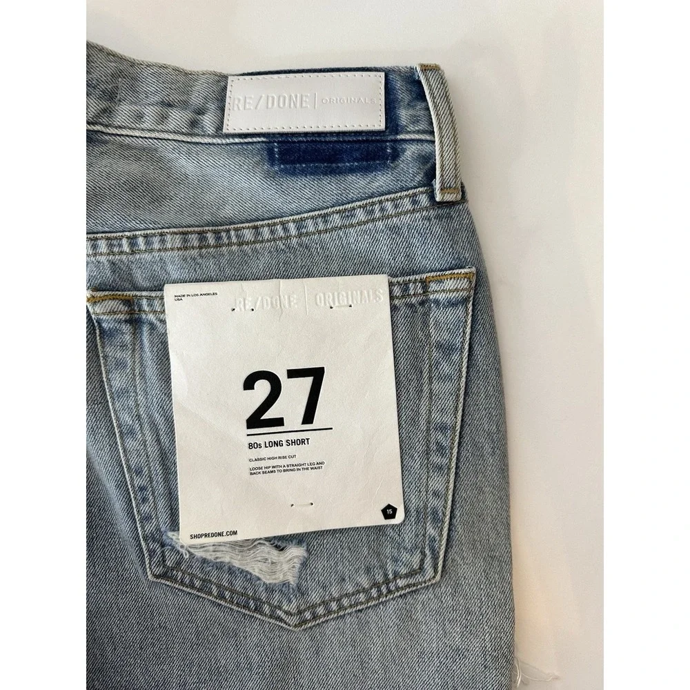 Re/Done 80's Long Short High Rise Jean 27  Denim Blue Raw Hem Button Fly‎ New